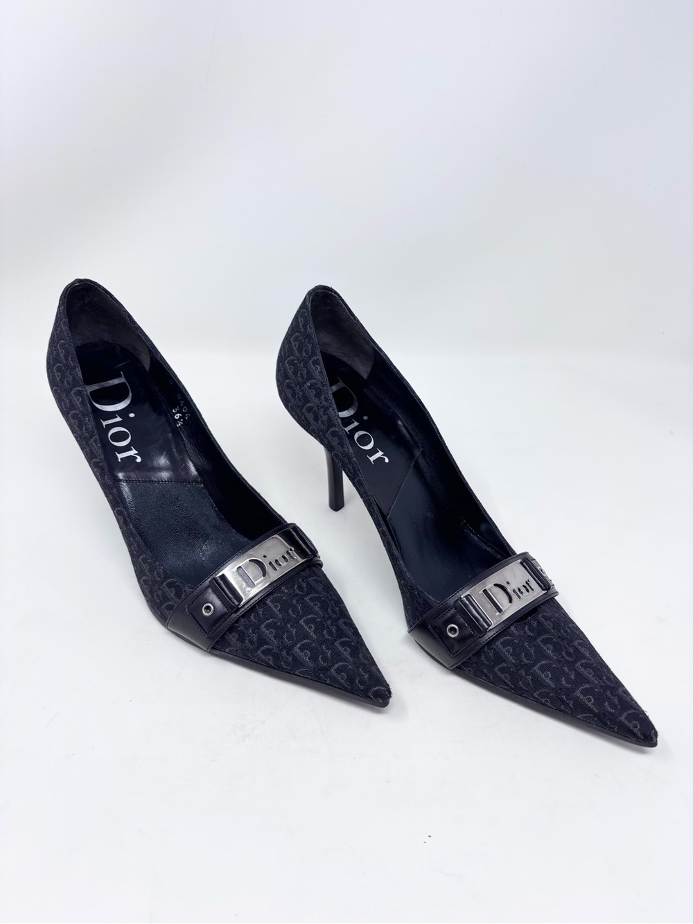 Vintage Dior Black Diorissimo Monogram Canvas Pump Logo Plaque 36.5 EU Galliano